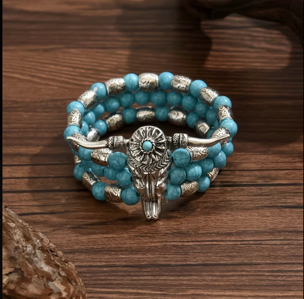 Bracelet de perles Tête de Taureau Bleu Lapis Lazuli Style