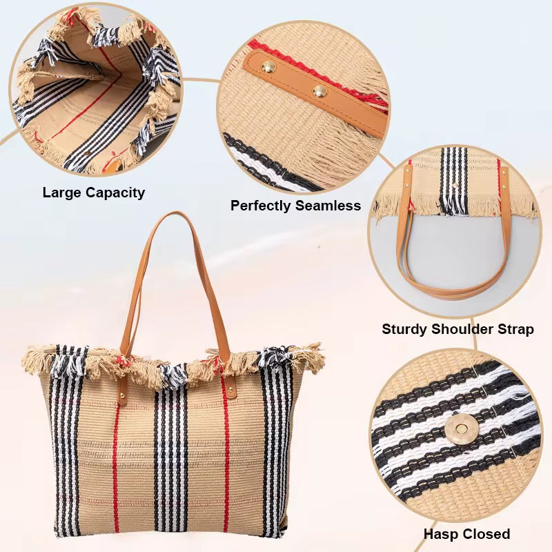 Sac Cabas Bohème London – Tissage Style Écossais & Franges Naturelles