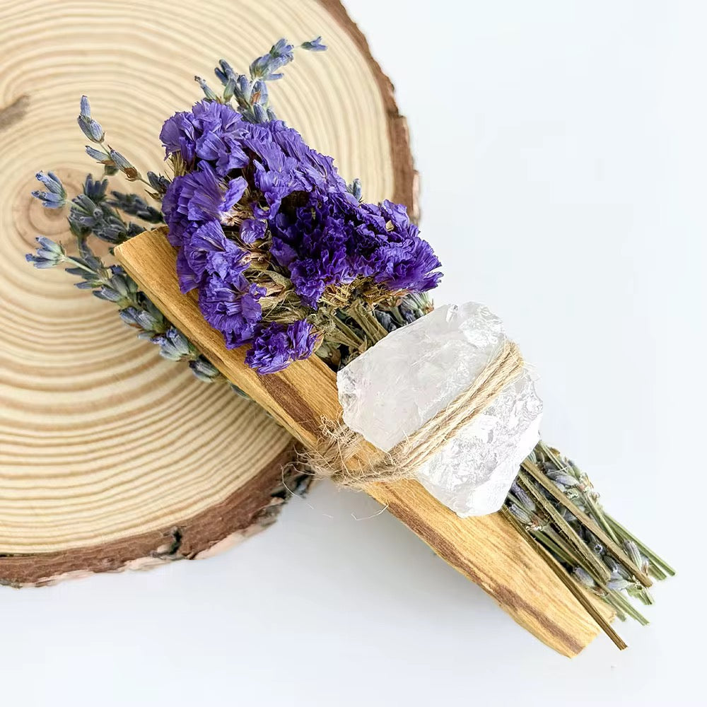 Bâton de Fumigation Palo Santo, Fleurs Séchées et Cristal Naturel