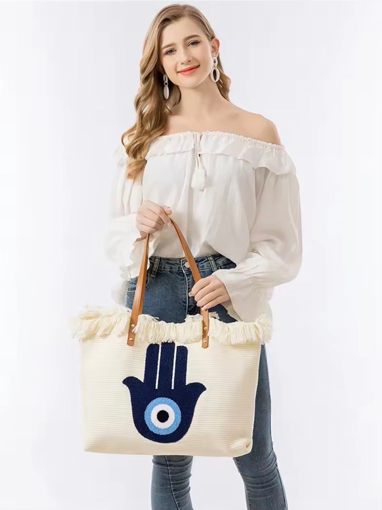Sac Cabas Bohème Khamsa – Broderie Main de Fatma en Relief