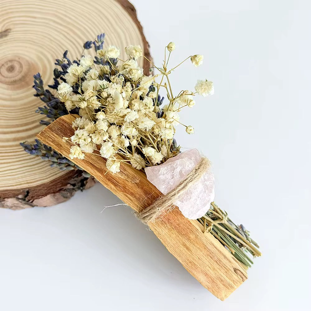 Bâton de Fumigation Palo Santo, Fleurs Séchées et Cristal Naturel