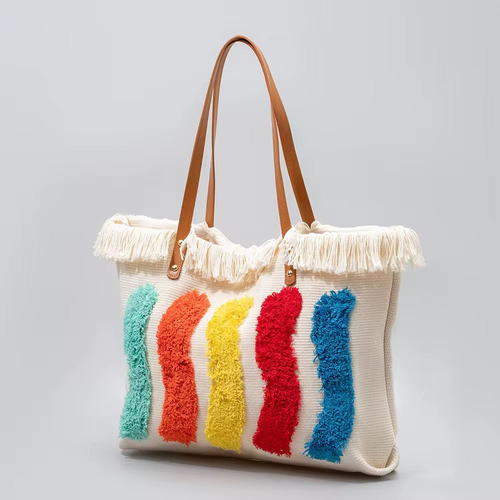 Sac Cabas Bohème Arty Pop – Broderies Multicolores en Relief