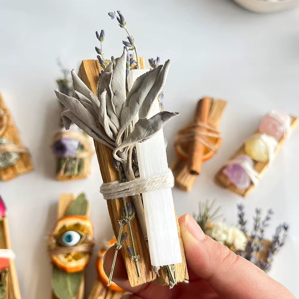 Bâton de Fumigation Palo Santo, Fleurs Séchées et Cristal Naturel