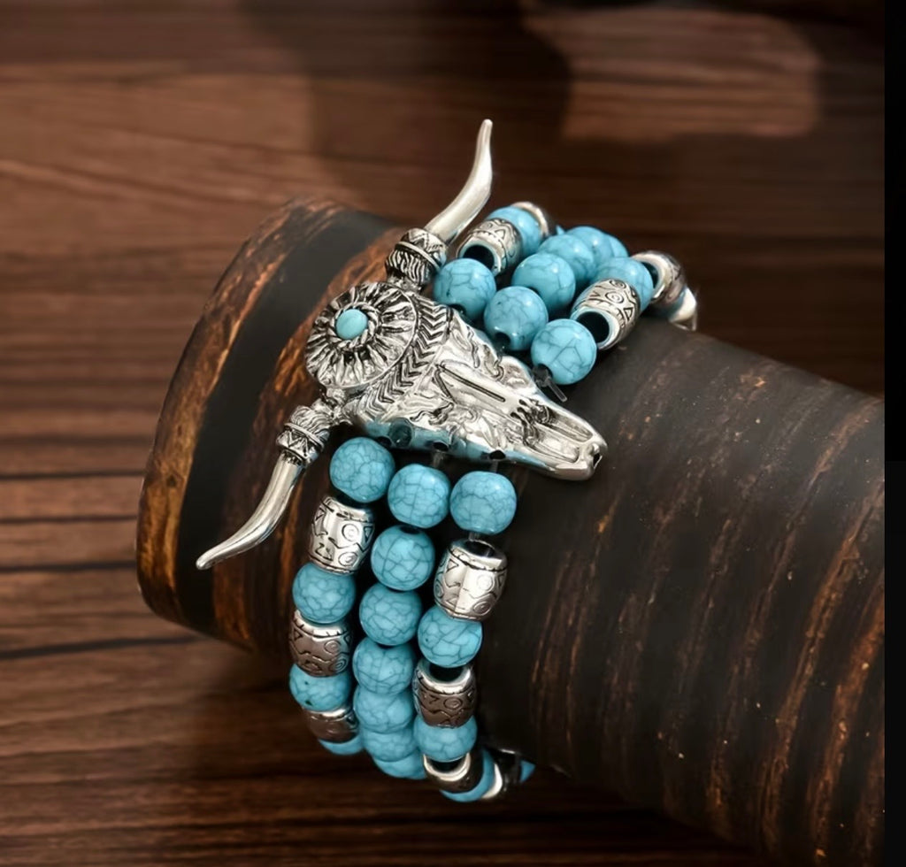 Bracelet de perles Tête de Taureau Bleu Lapis Lazuli Style