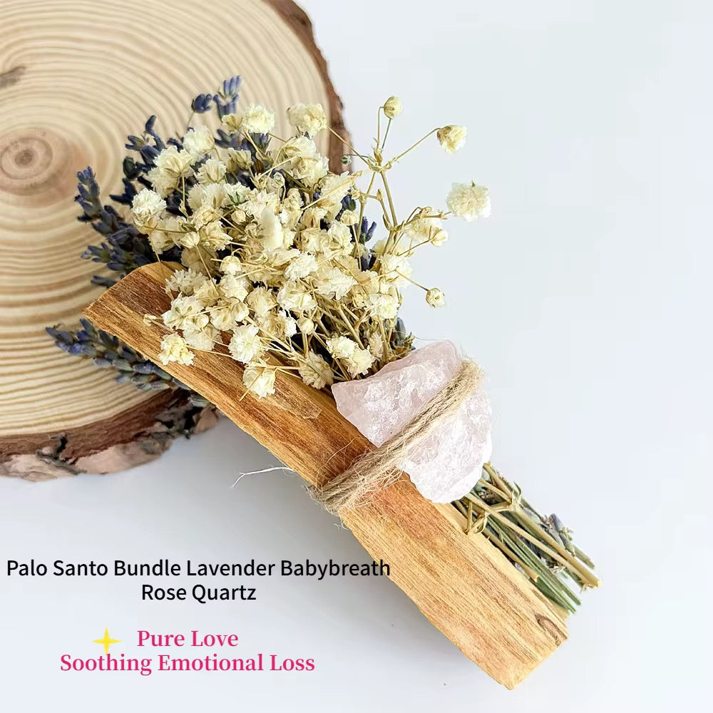 Bâton de Fumigation Palo Santo, Fleurs Séchées et Cristal Naturel