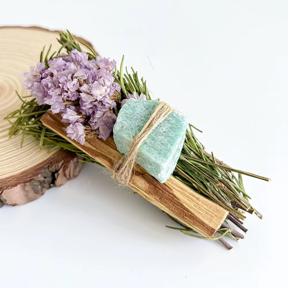 Bâton de Fumigation Palo Santo, Fleurs Séchées et Cristal Naturel