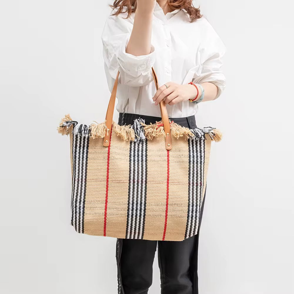 Sac Cabas Bohème London – Tissage Style Écossais & Franges Naturelles