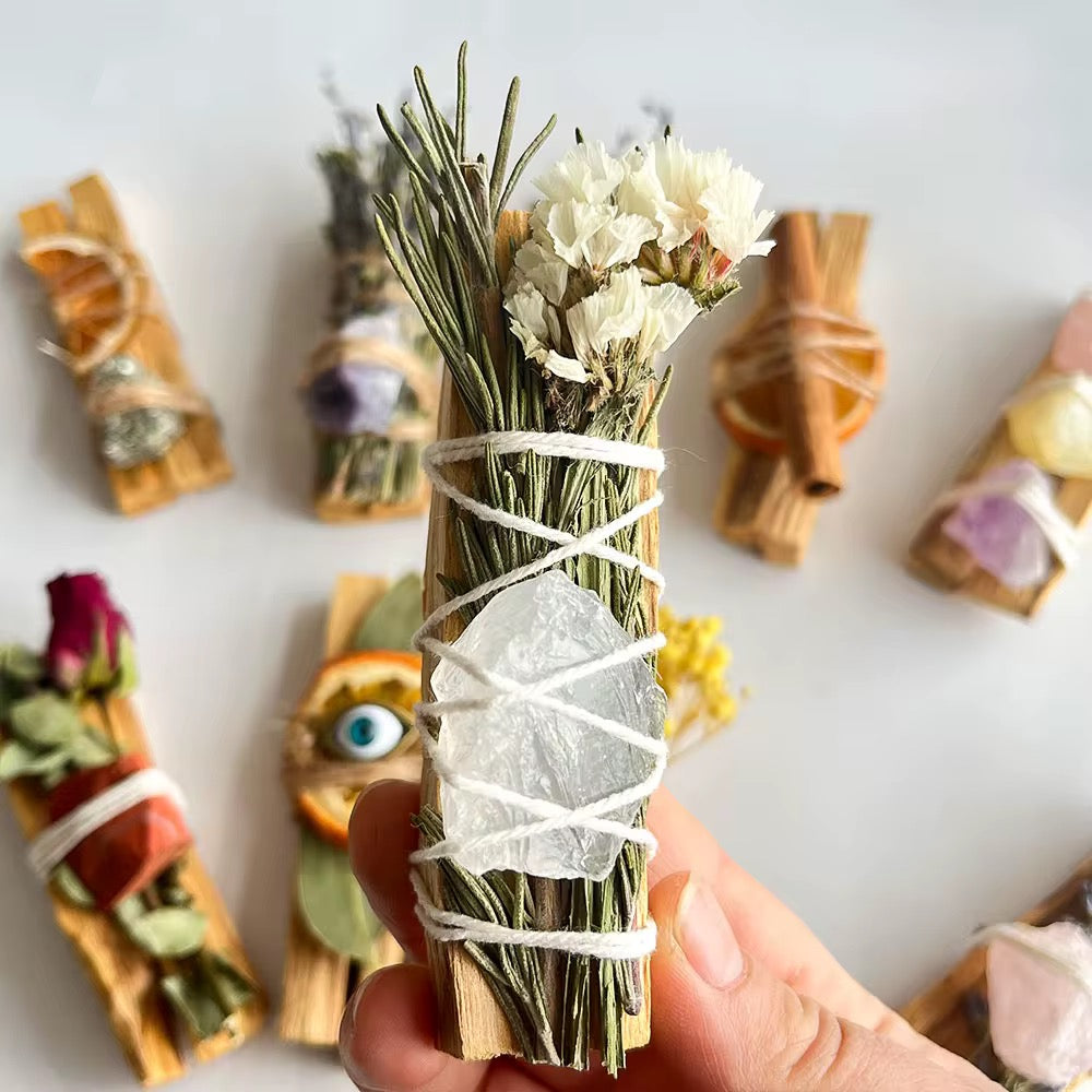 Bâton de Fumigation Palo Santo, Fleurs Séchées et Cristal Naturel