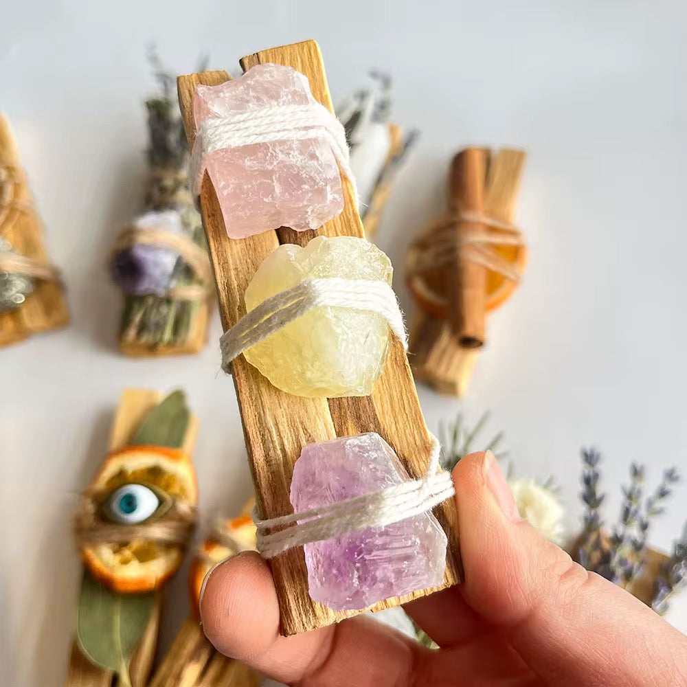 Bâton de Fumigation Palo Santo, Fleurs Séchées et Cristal Naturel